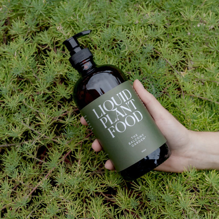 Hand holding a bottle of The Balcony Garden Liquid Plant Food against a vibrant green grass background